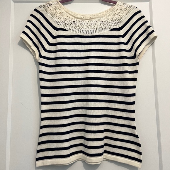 Chaps Ralph Lauren women petite knit stripe t-shirt with crochet collar - Picture 7 of 8